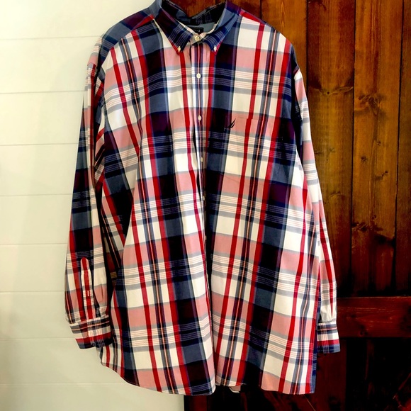Nautica Men’s Big and Tall red, white and blue plaid button down shirt . - Picture 1 of 9